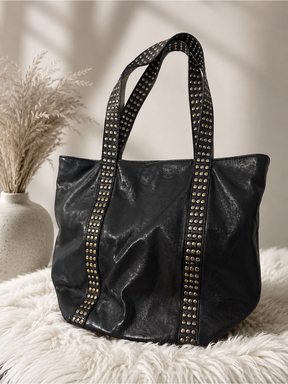 DKNY Black Leather Studded Tote Bag – Large Shoulder Bag